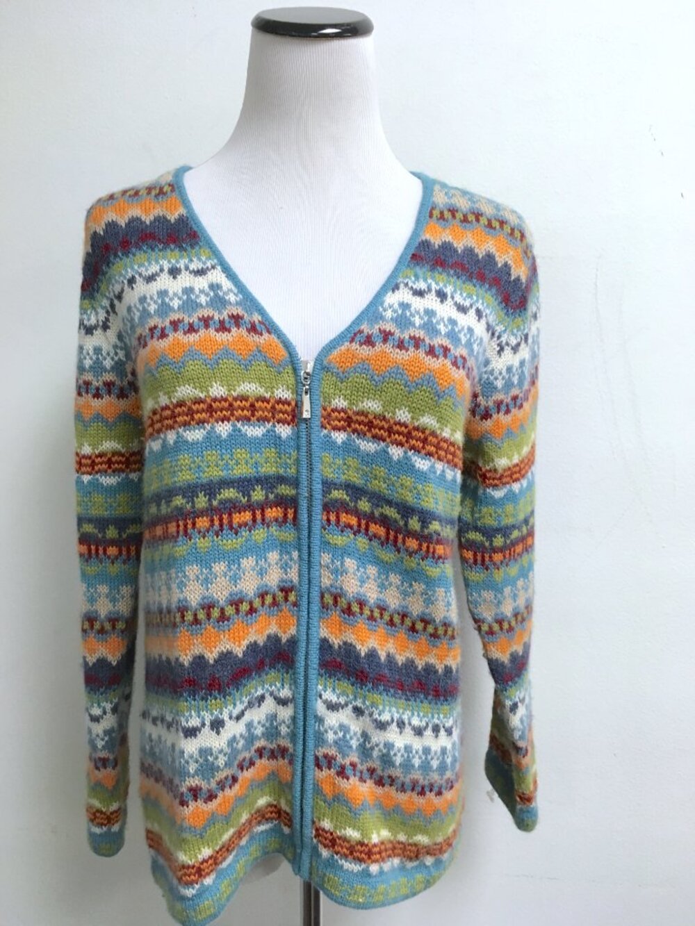 Peruvian imports Fair isle blue alpaca zip cardigan S